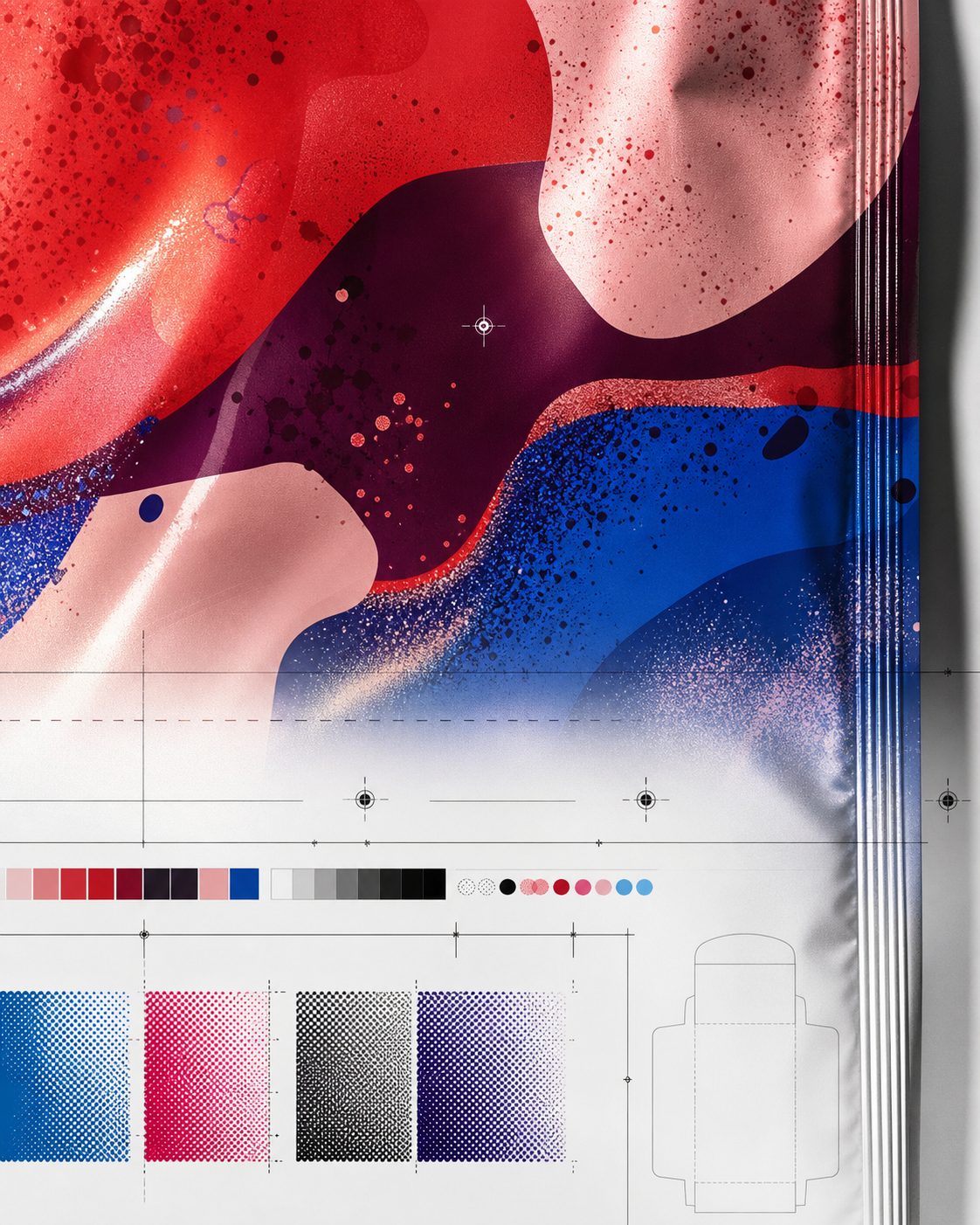 Colorful printed film artwork with crop marks, registration targets, and production annotations