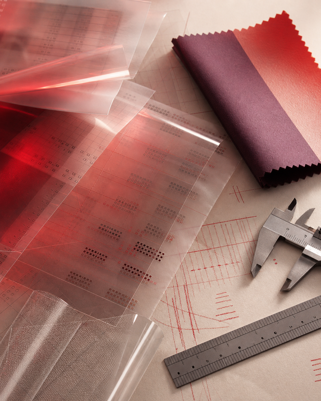 Flexible film, measurement tools, material swatches, and red analysis marks