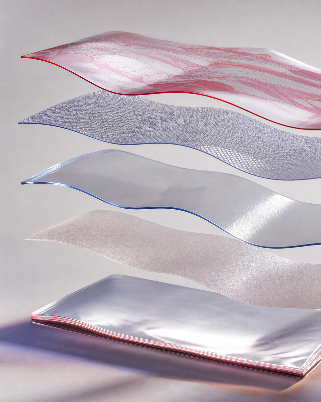 Separated translucent laminate layers showing the structure of flexible packaging